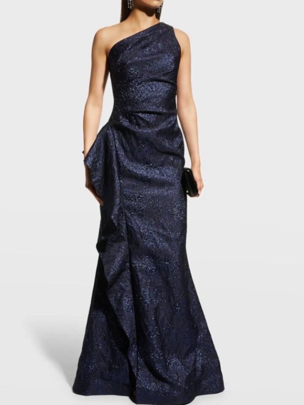 Rickie Freeman Teri Jon Navy Metallic One-Shoulder Jacquard Ruffle Gown. Size 10